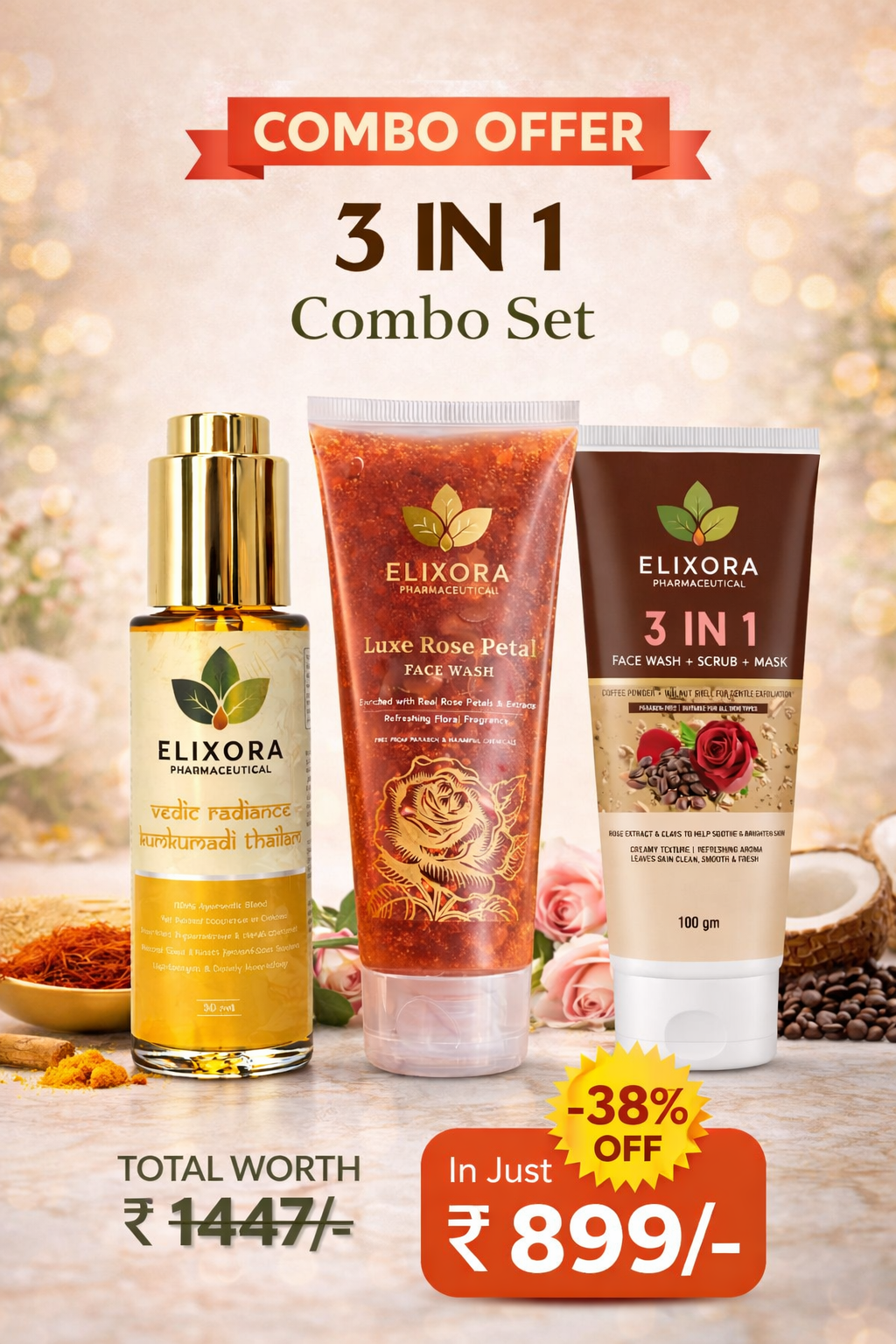 Elixora ™ 3-Step Skincare Combo – Cleanse, Refresh & Glow